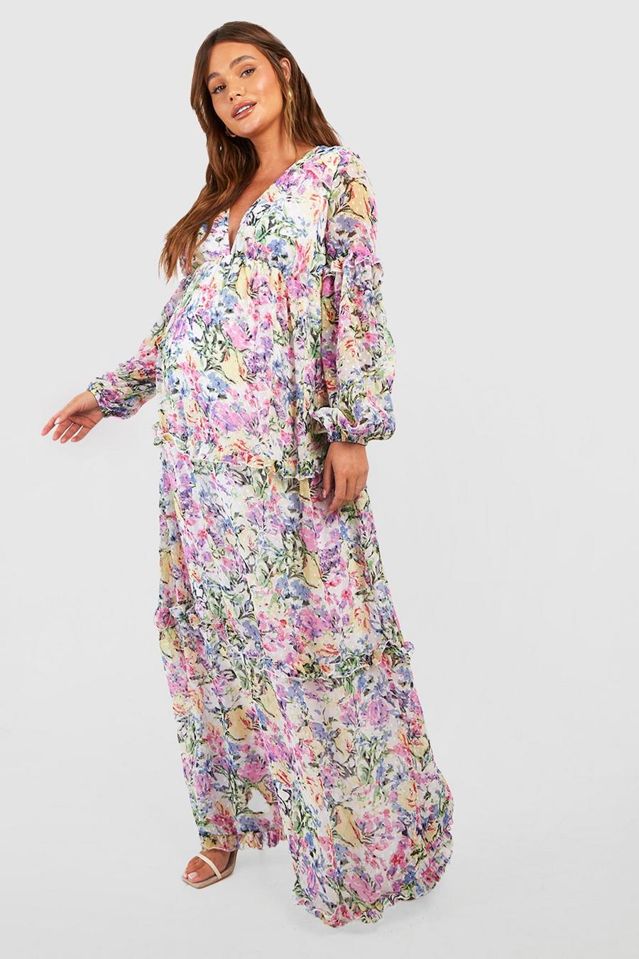 Multi Maternity Floral Dobby Mesh Ruffle Midi Dress image number 1