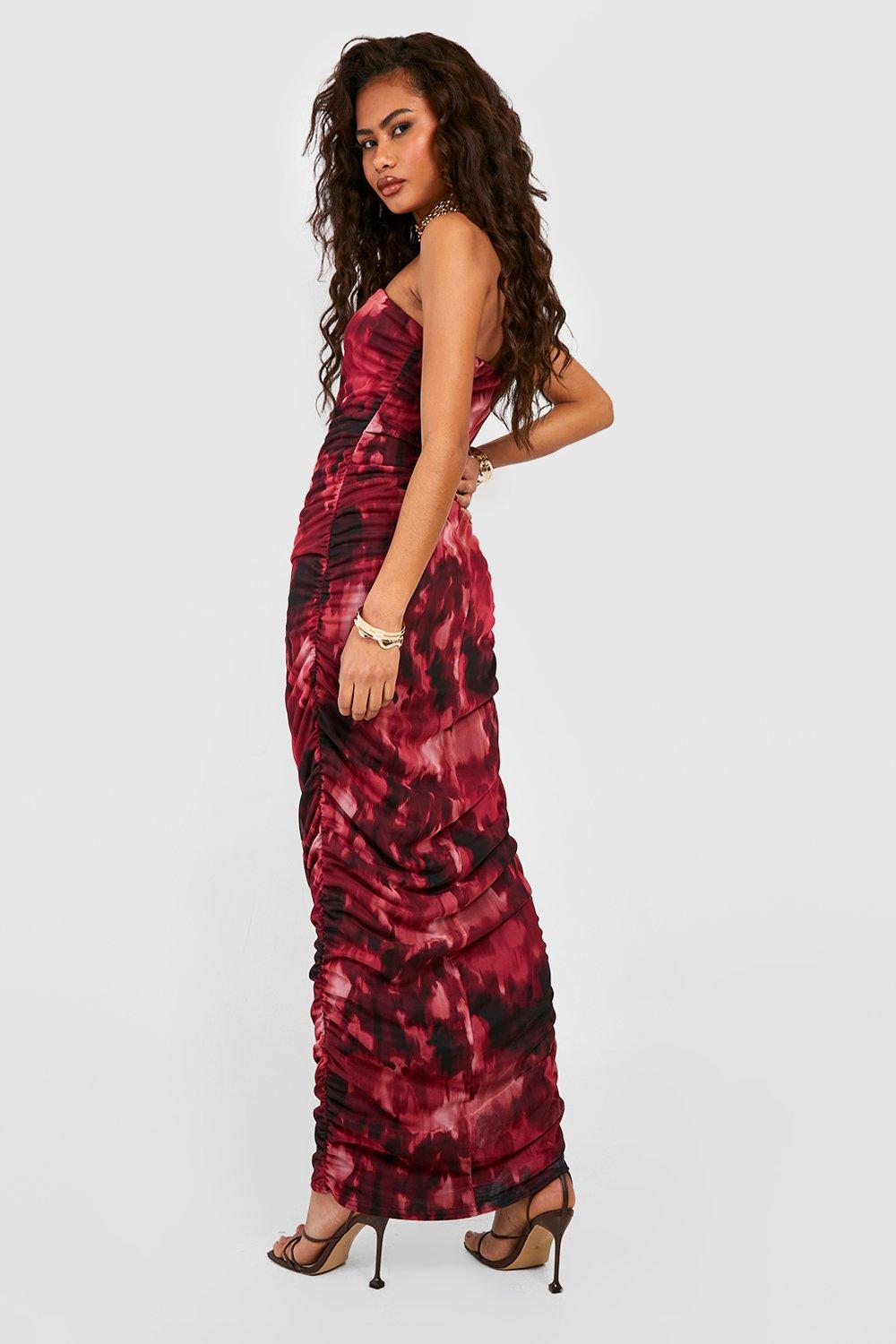 Printed Ruched Mesh Strapless Maxi Dress