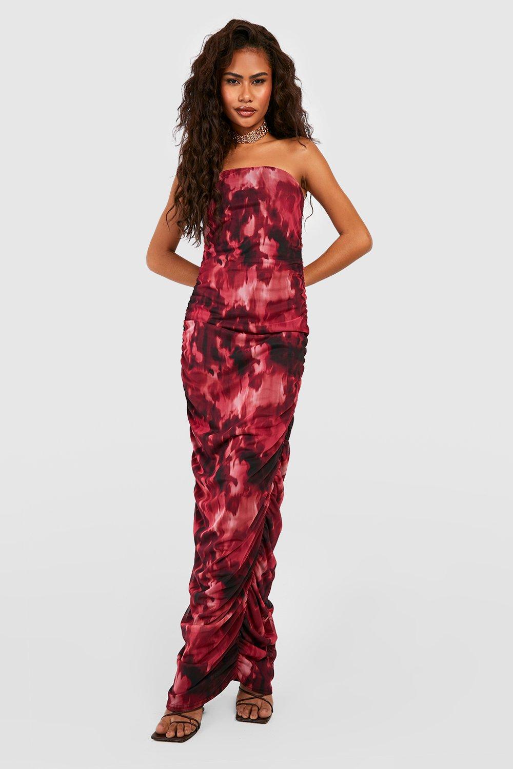 Printed Ruched Mesh Strapless Maxi Dress boohoo