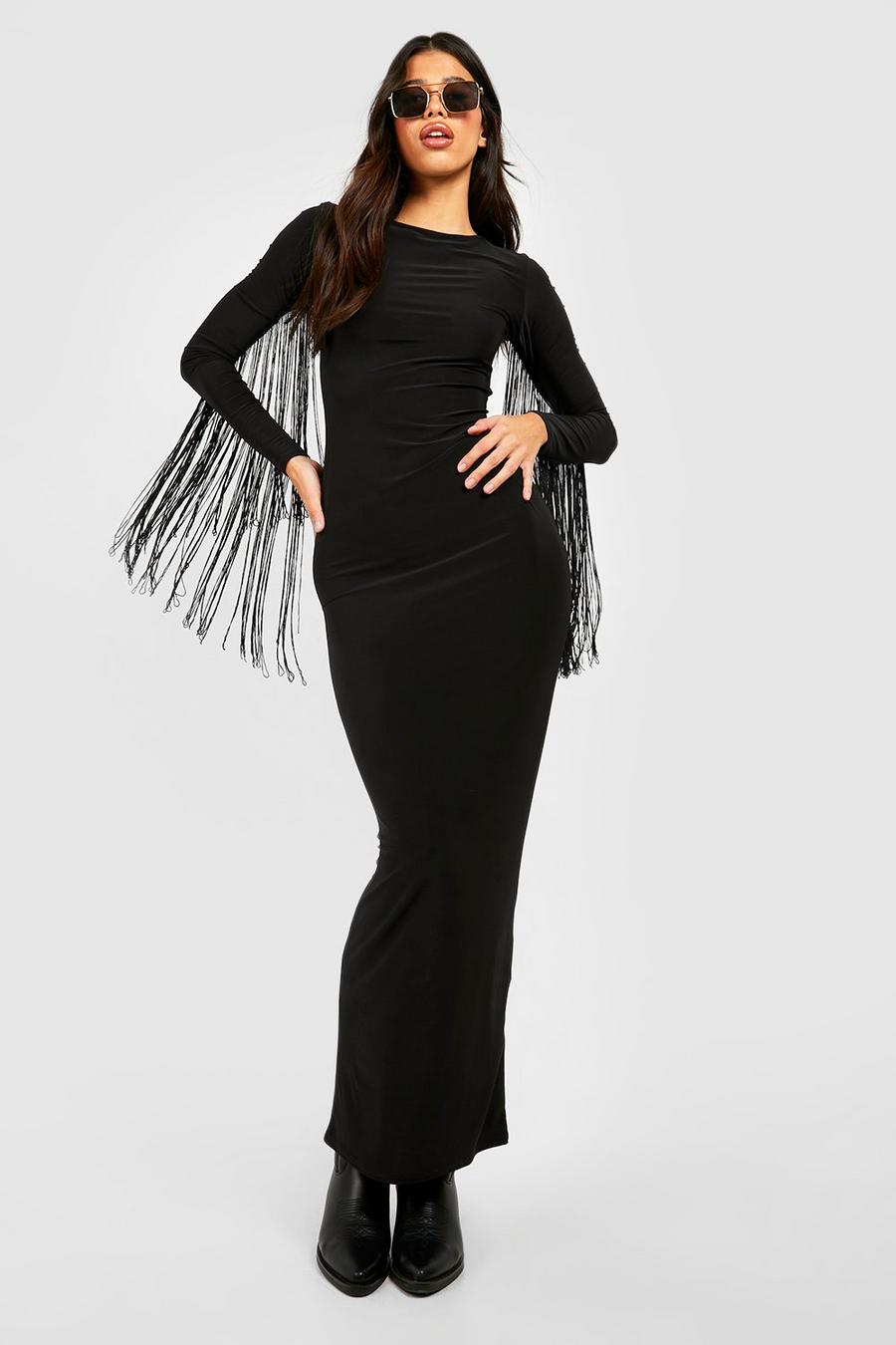 Black Tall Fringed Midaxi Dress image number 1