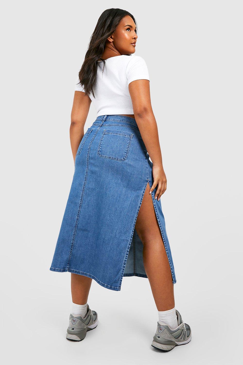 Plus High Waisted Side Split Denim Midi Skirt