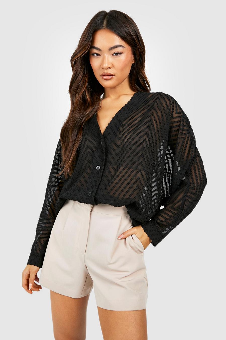Black Textured Relaxed Fit Puff Sleeve Blouse image number 1