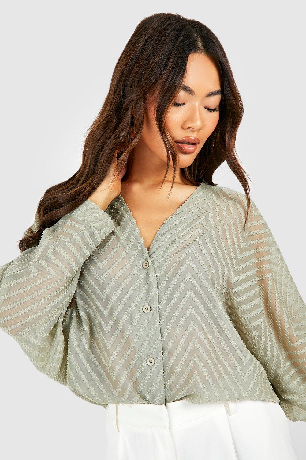 Women's Sage Textured Relaxed Fit Volume Sleeve Blouse | Boohoo UK