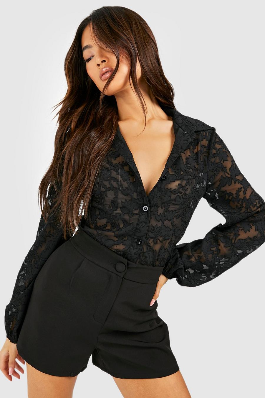 Black Textured Floral Puff Sleeve Shirt image number 1
