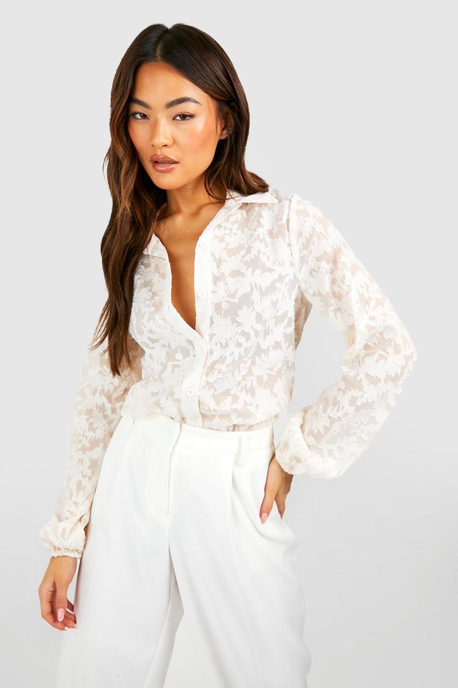 Cream Textured Floral Puff Sleeve Shirt image number 1