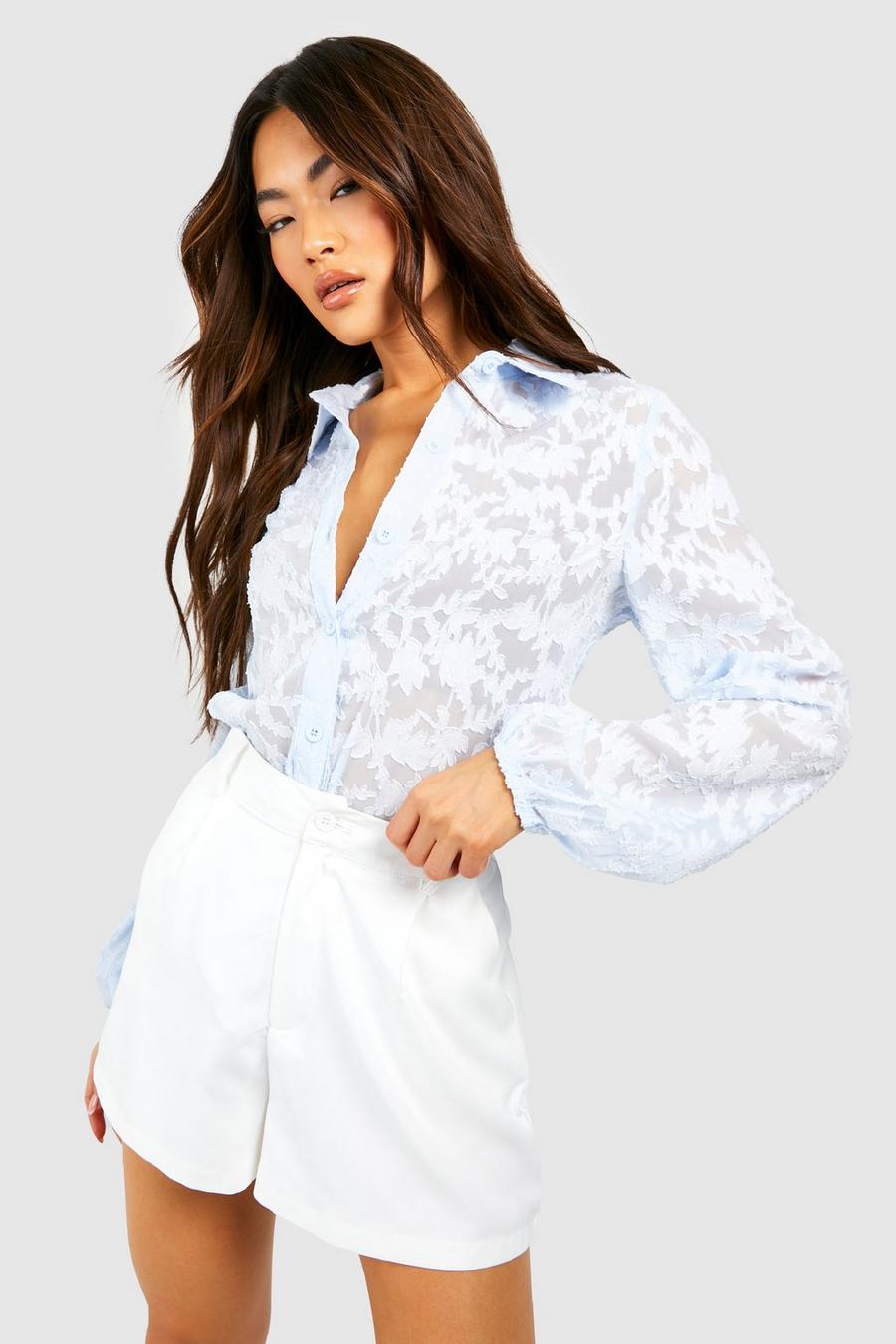Powder blue Textured Floral Puff Sleeve Shirt image number 1