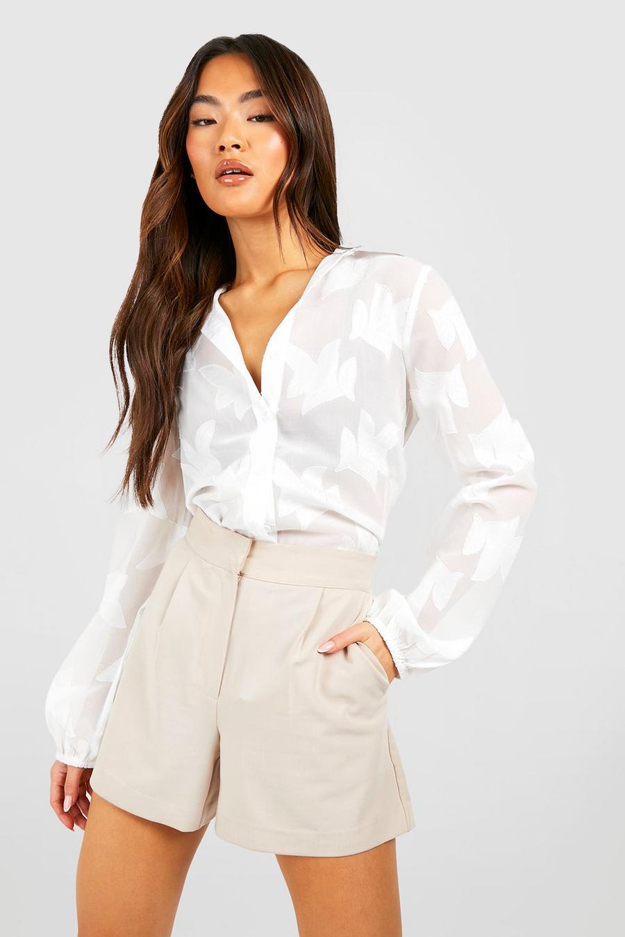 Ivory Sheer Floral Puff Sleeve Shirt image number 1