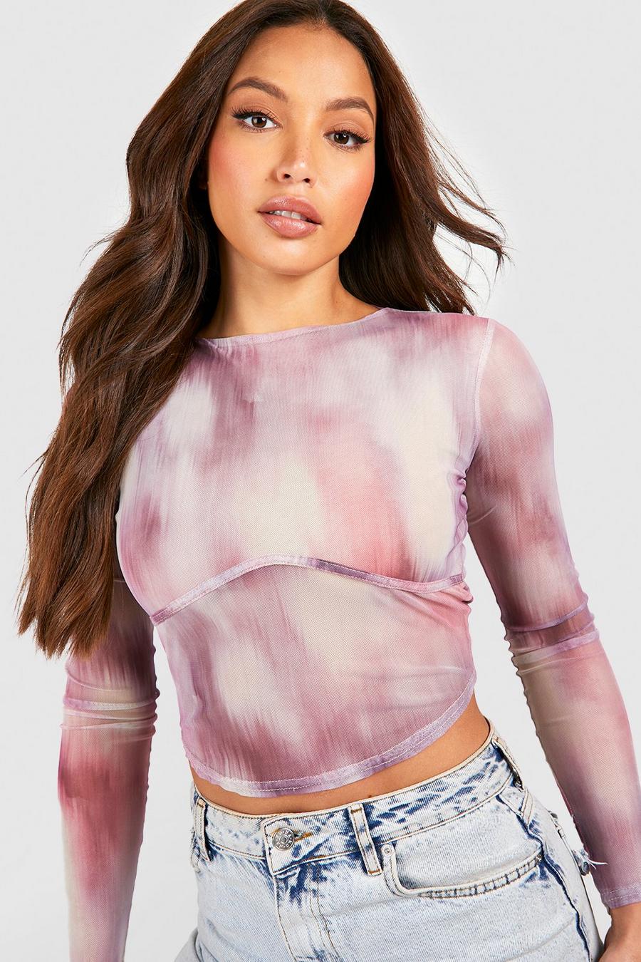 Lilac Tall Blurred Tie Dye Seam Detail Cropped Top image number 1