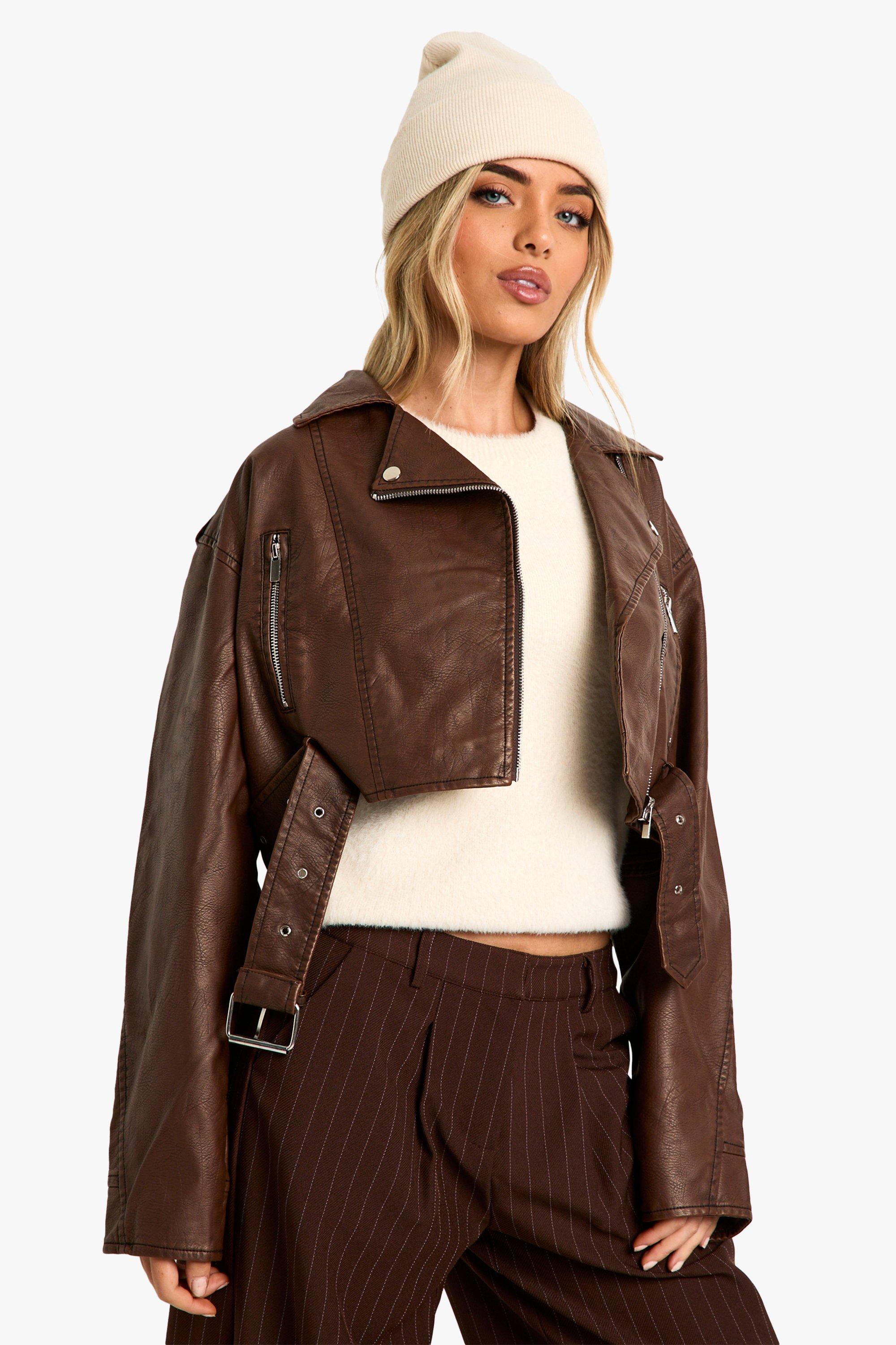 Vintage Look Faux Leather Crop Biker Jacket