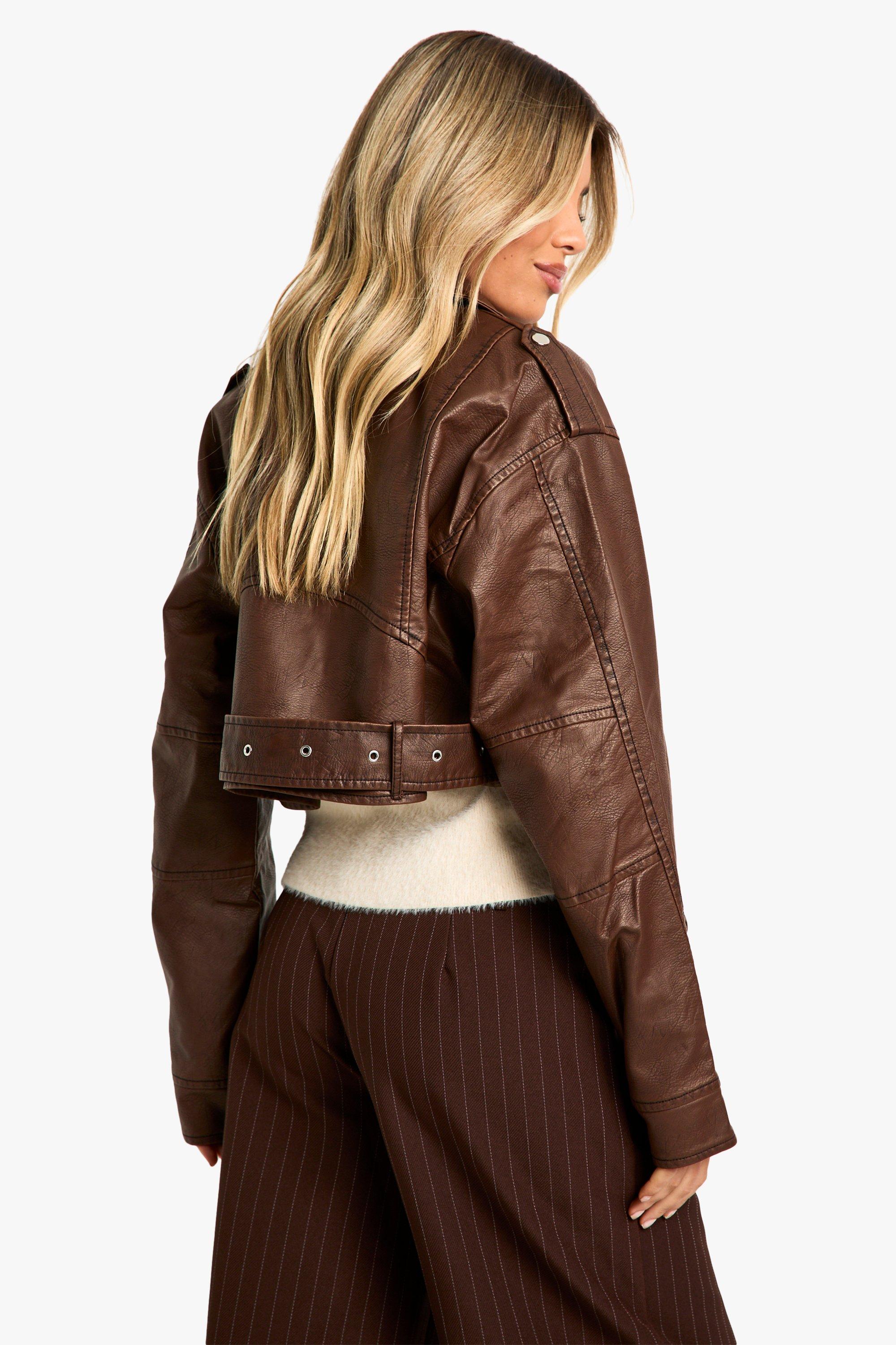 SC&CO Cropped Biker Jacket Brown Faux Leather Womens UK 10