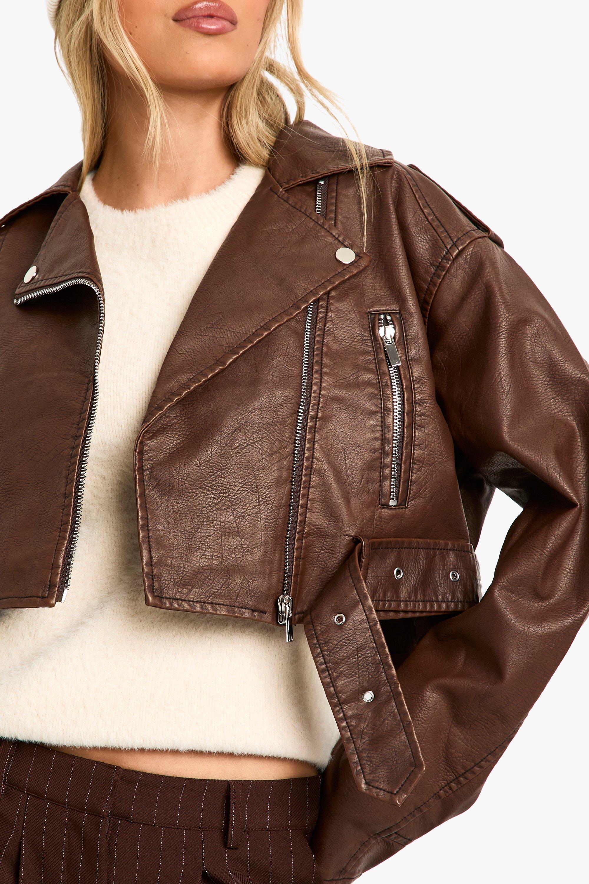 SC&CO Cropped Biker Jacket Brown Faux Leather Womens UK 10