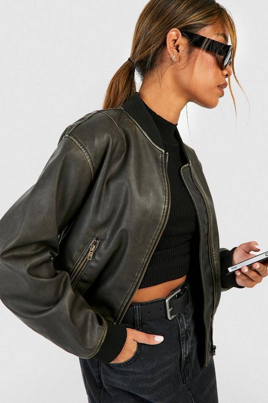 Vintage Look Faux Leather Oversized Cropped Bomber Jacket | boohoo