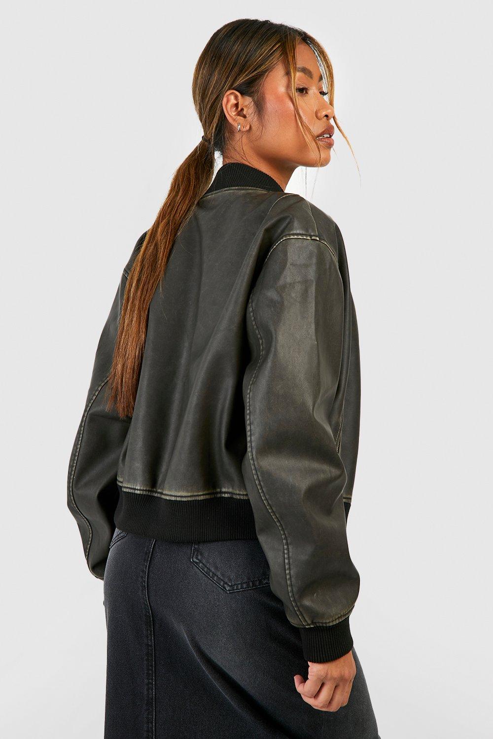 Vintage Look Oversized Faux Leather Bomber Jacket