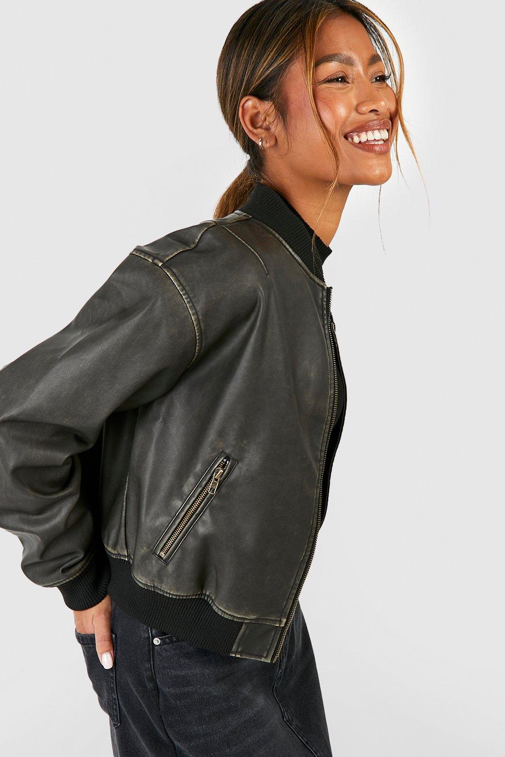 Vintage Look Faux Leather Oversized Cropped Bomber Jacket