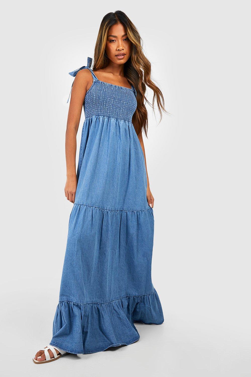 Chambray Denim Tiered Maxi Dress | boohoo