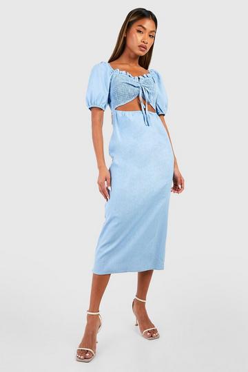 Puff Sleeve Ruched Front Chambray Midi Dress blue