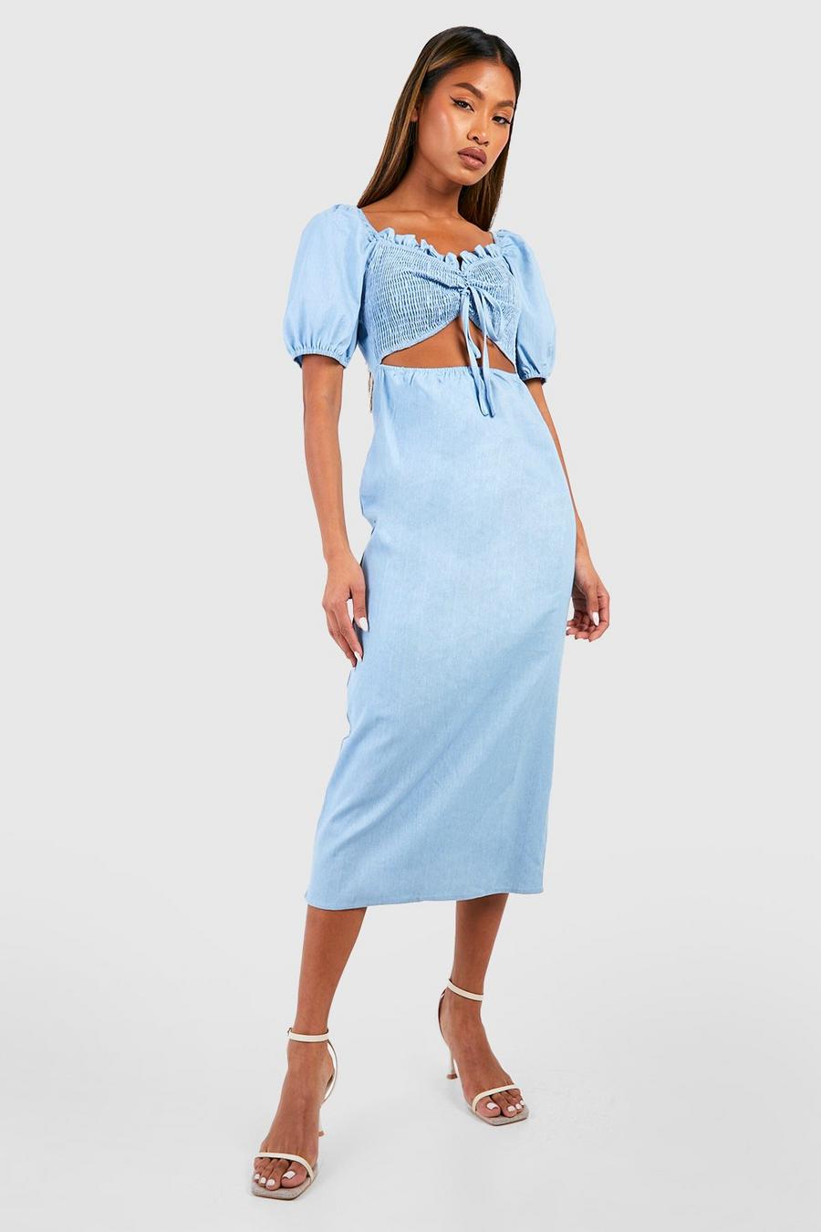 Blue Puff Sleeve Ruched Front Chambray Midi Dress image number 1