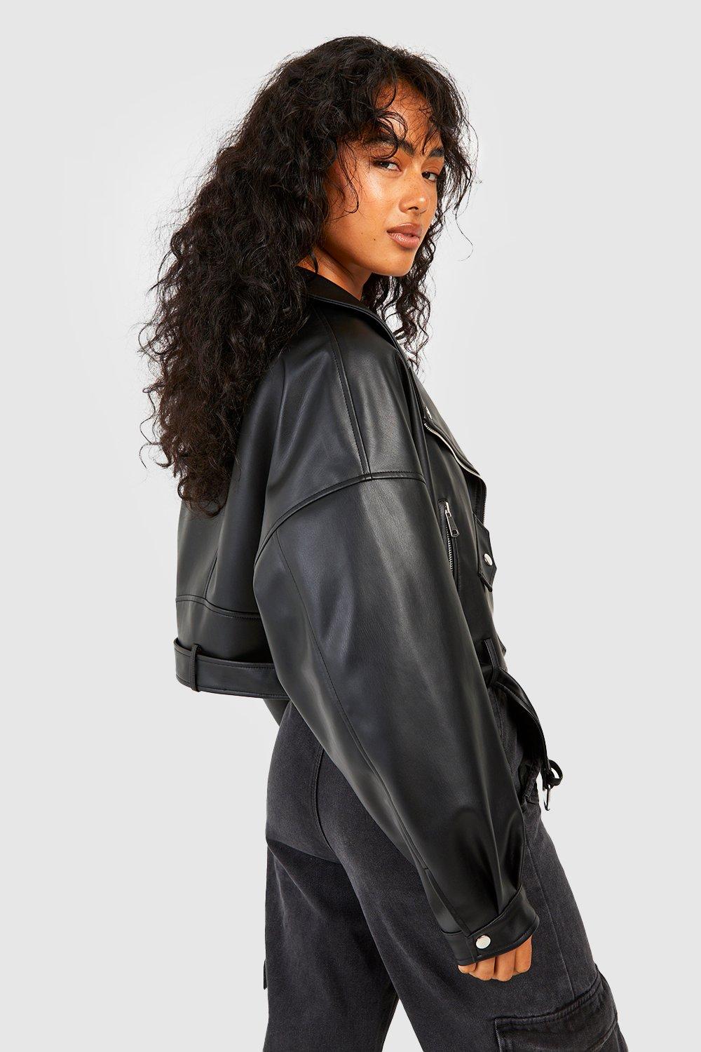 Faux Leather Cropped Moto Jacket - Black