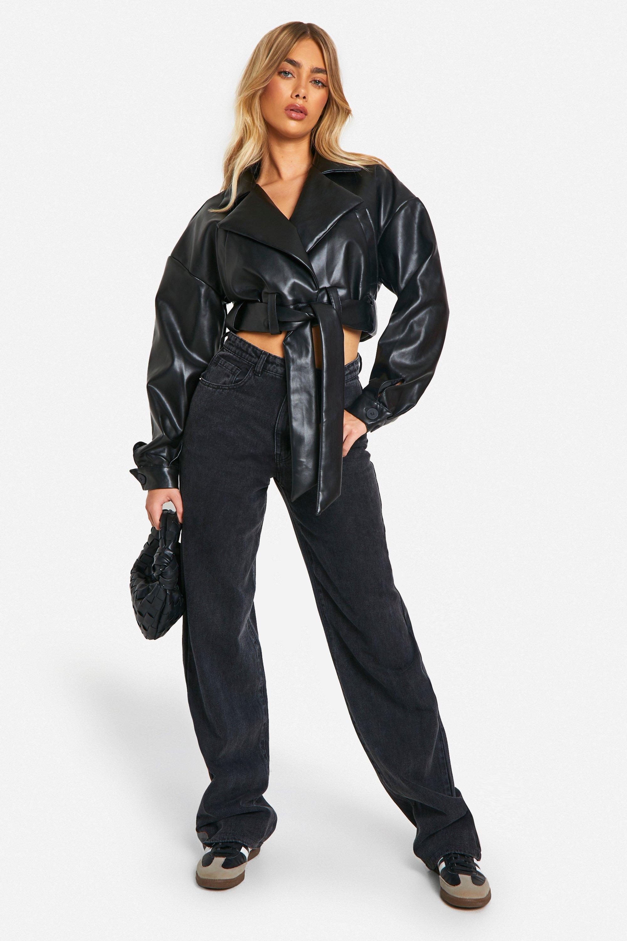 Black Pu Super Cropped Belted Biker Jacket