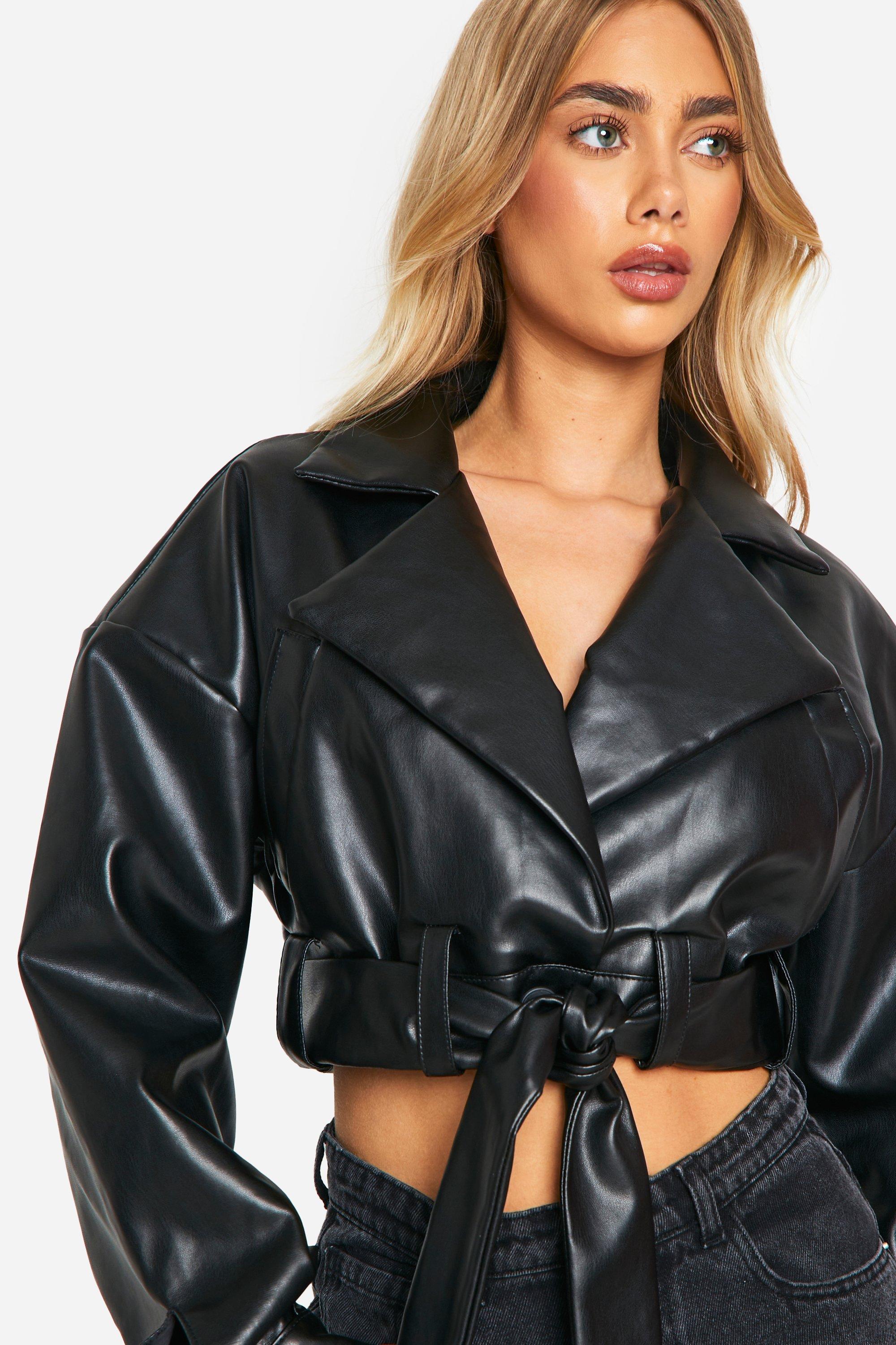 Black Pu Super Cropped Belted Biker Jacket