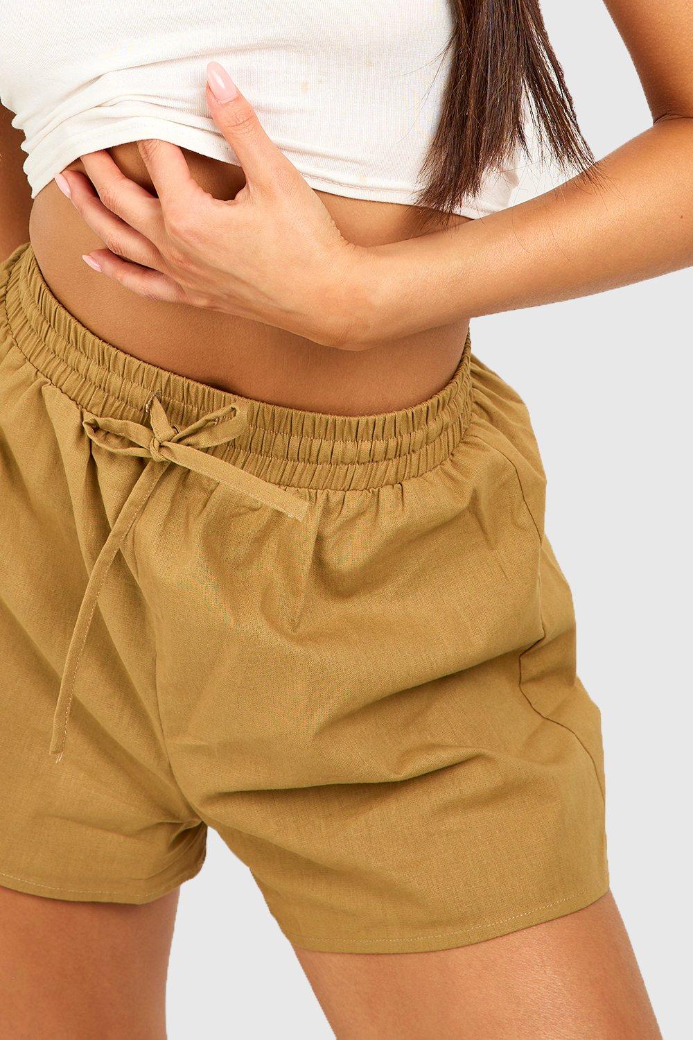 Khaki linen 2024 shorts women