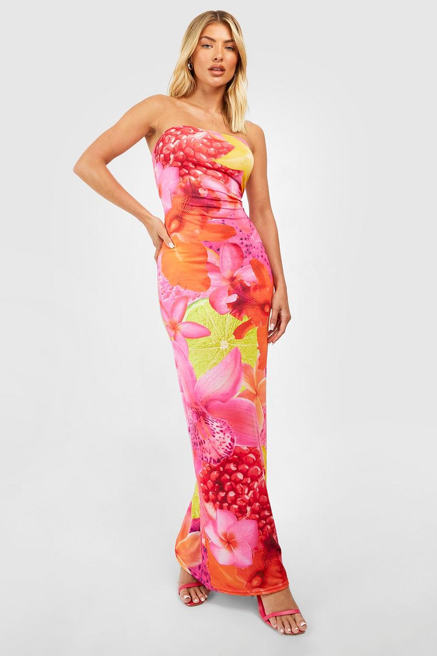 Hot pink rosa Fruit Print Bandeau Maxi Dress