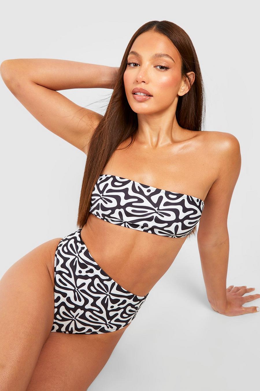 Set bikini Tall a vita alta a fascia con stampa di motivi geometrici, Black image number 1