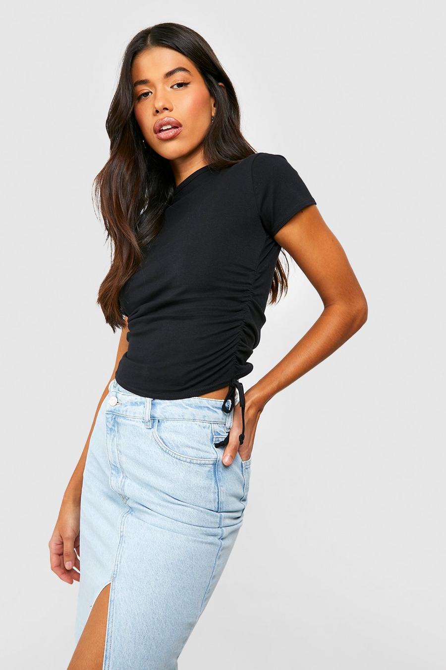 Black Tall Cotton Tie Detail Ribbed Crop Top