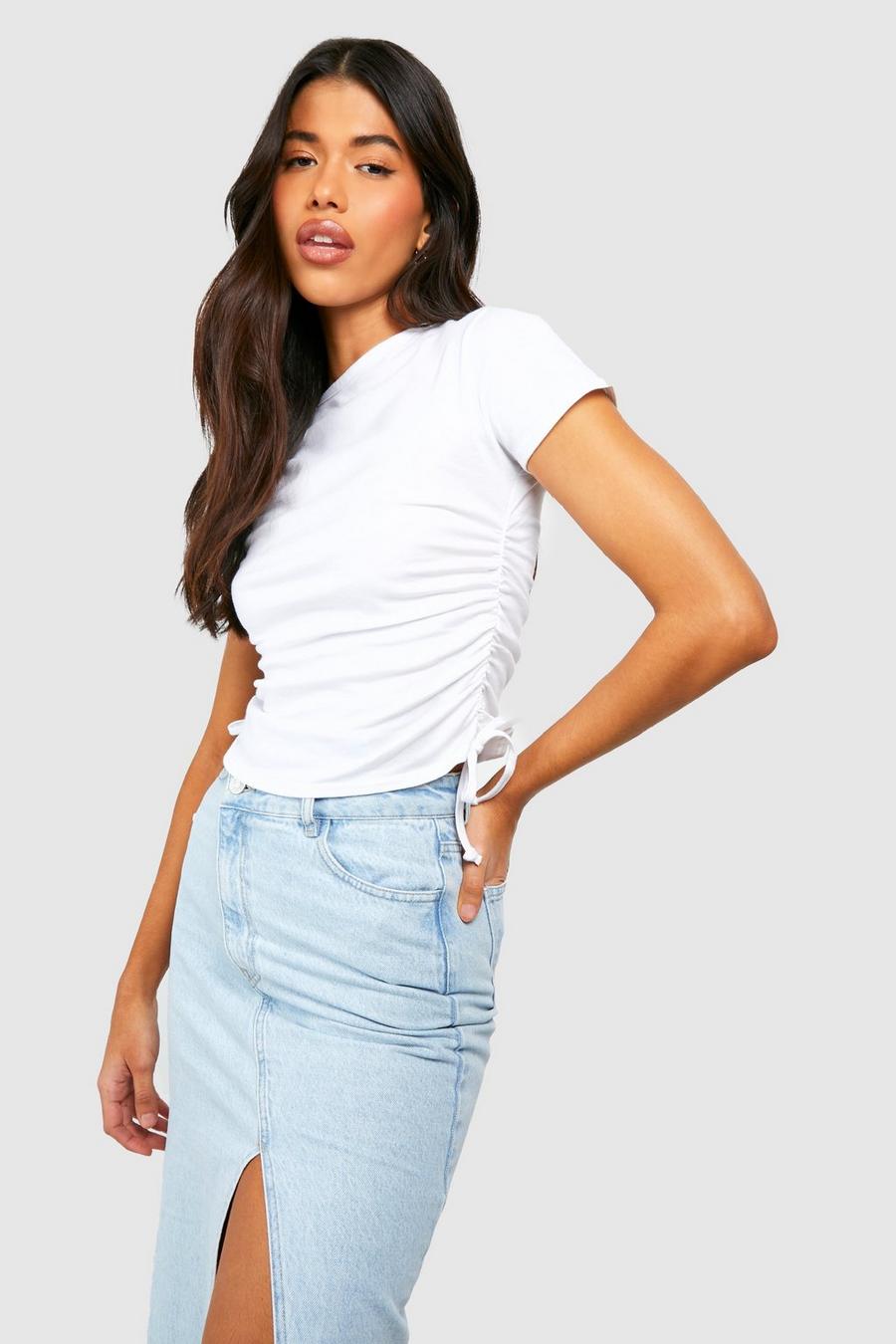 White Tall Cotton Tie Detail Ribbed Crop Top image number 1