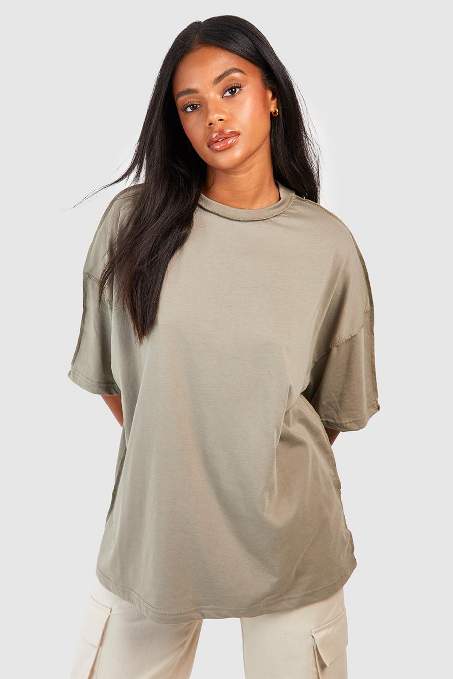 Khaki Exposed Seam Detail cupssized T-shirt  image number 1