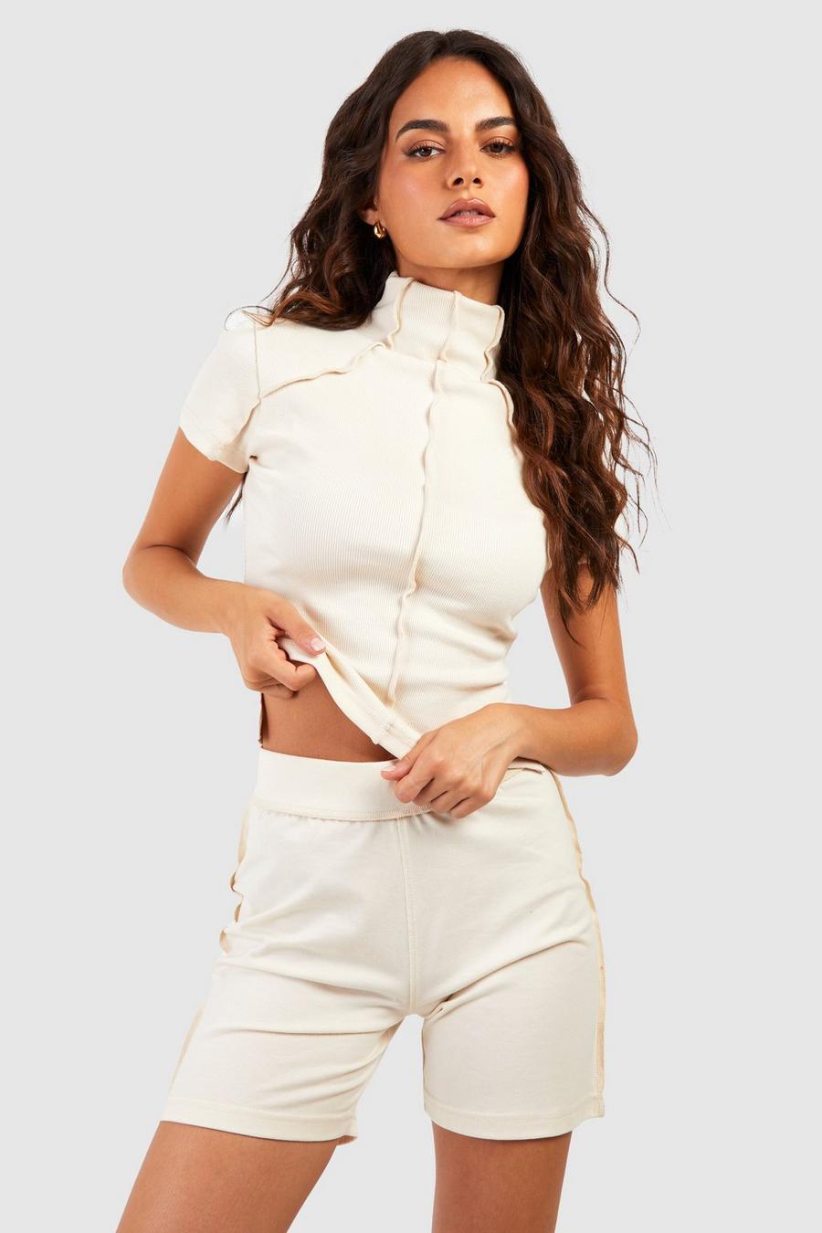Exposed Seam Detail Extended Neck Ribbed Top, Ecru blanco