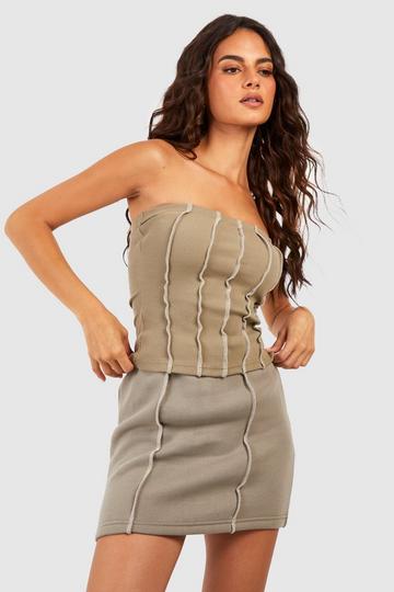 Contrast Stitch Exposed Seam Ribbed Corset Bandeau Top washed khaki