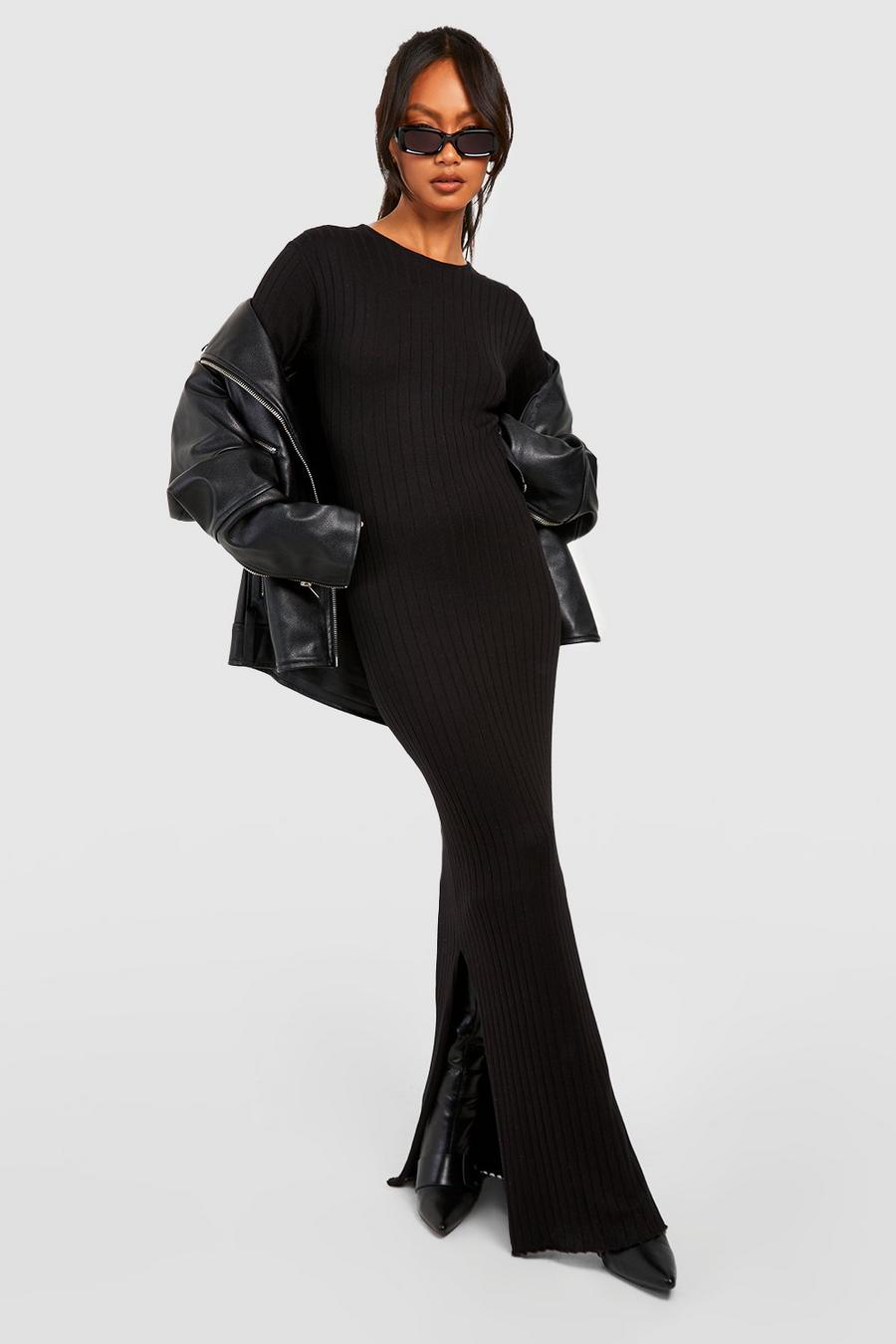 Black Wide Rib Crew Neck Knitted Maxi Dress image number 1