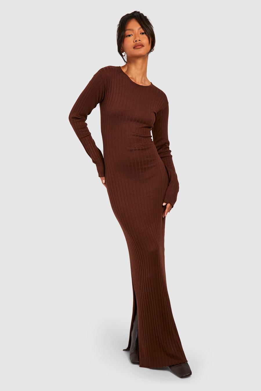 Brown Wide Rib Crew Neck Knitted Maxi Dress image number 1