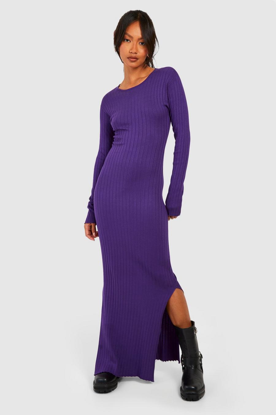 Purple Wide Rib Crew Neck Knitted Maxi Dress image number 1