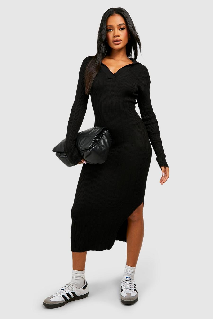 Black Mixed Rib Polo Collar Knitted Midxai Dress