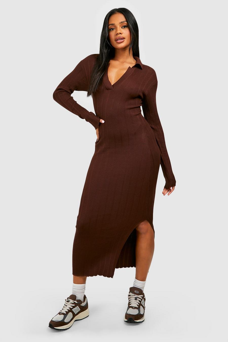 Brown Mixed Rib Polo Collar Knitted Midxai Dress image number 1