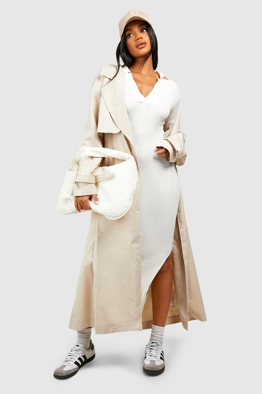 Cream Mixed Rib Polo Collar Knitted Midxai Dress image number 1