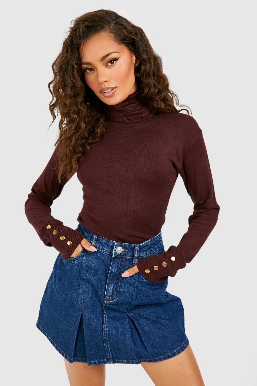 Brown Turtleneck Knitted Sweater With Buttons