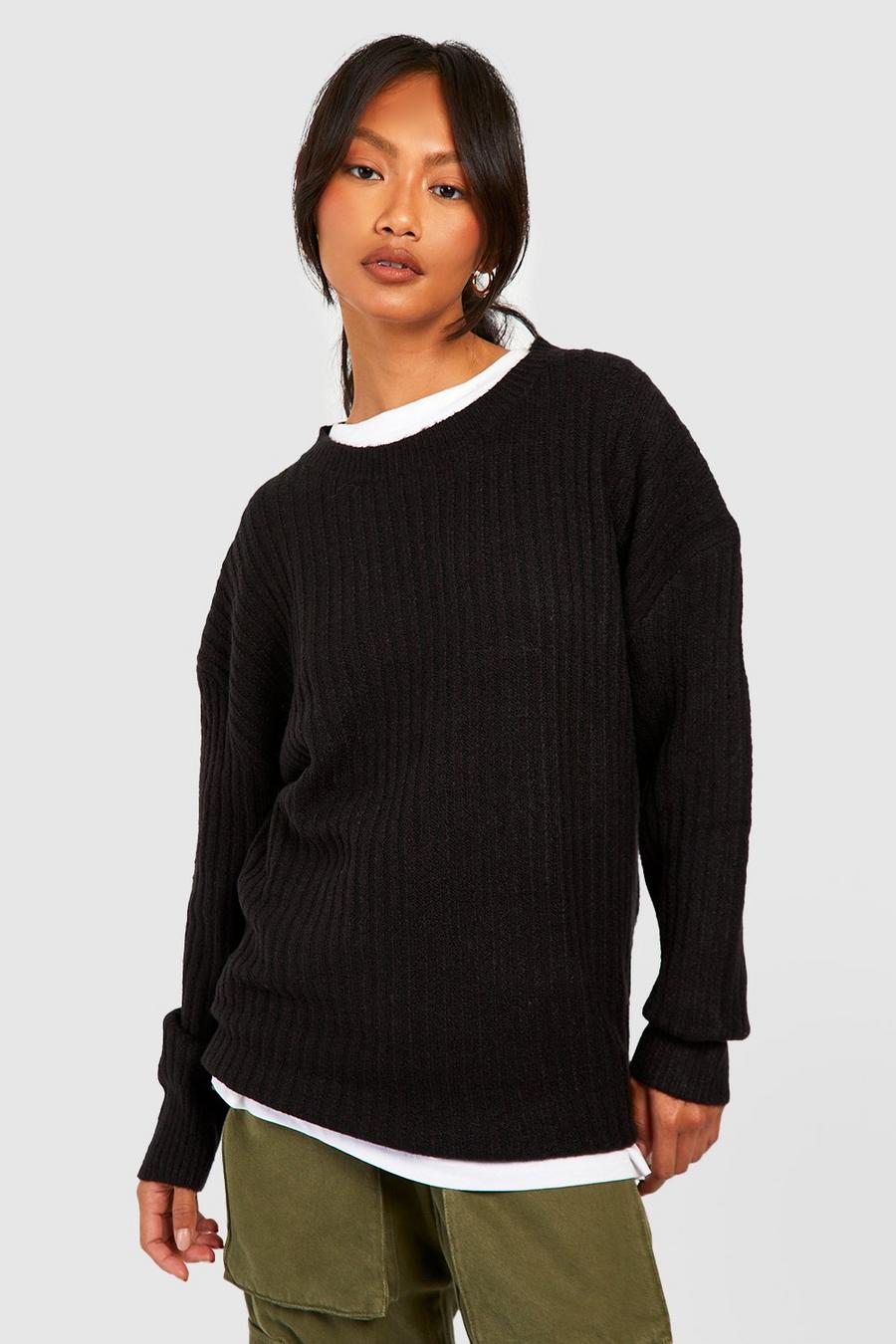 Black Soft Knit Oversized Crew Neck Sweater image number 1