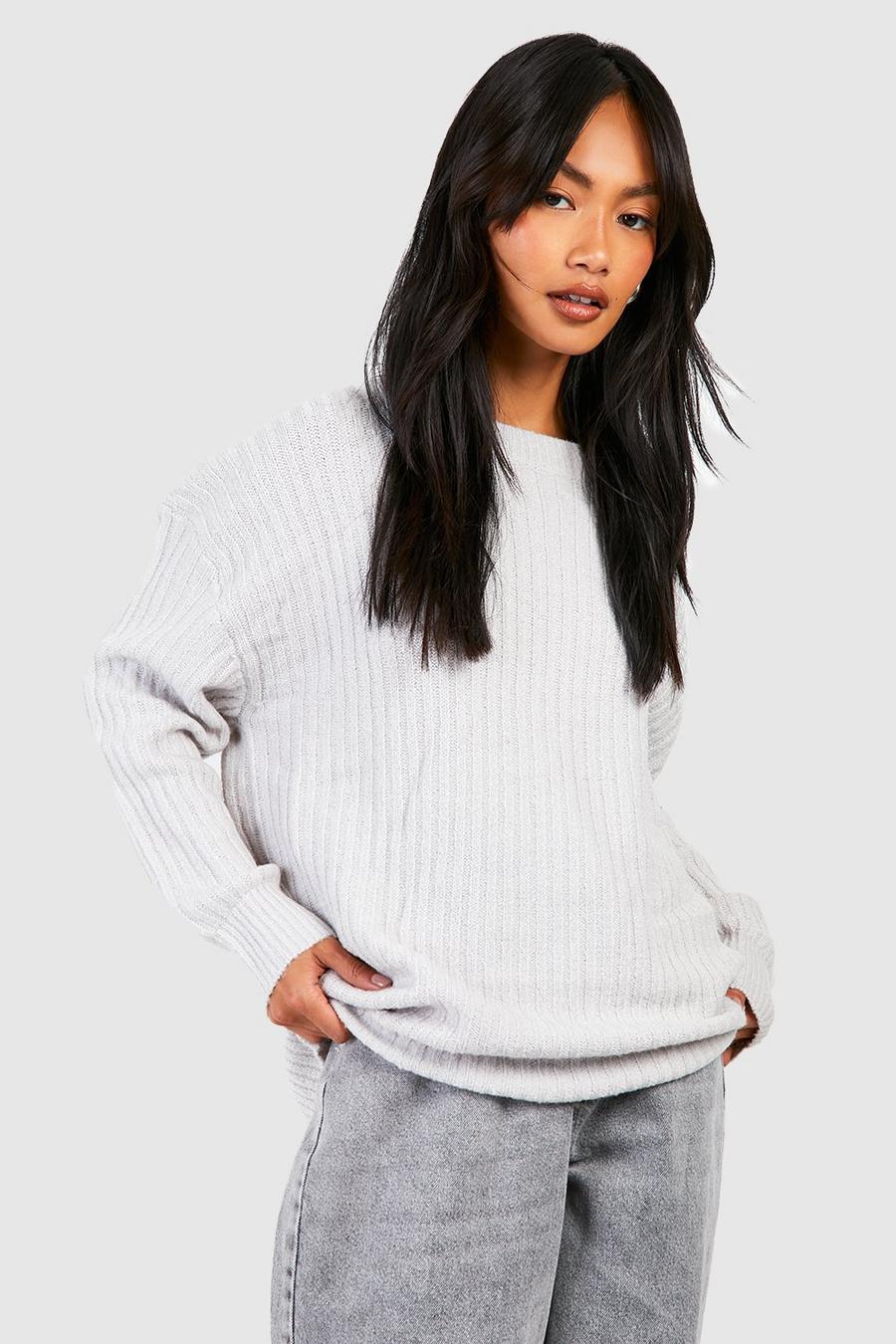 Silver Soft Knit Oversized Crew Neck Sweater image number 1