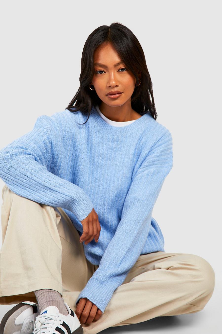 Sky blue Soft Knit Oversized Crew Neck Sweater image number 1