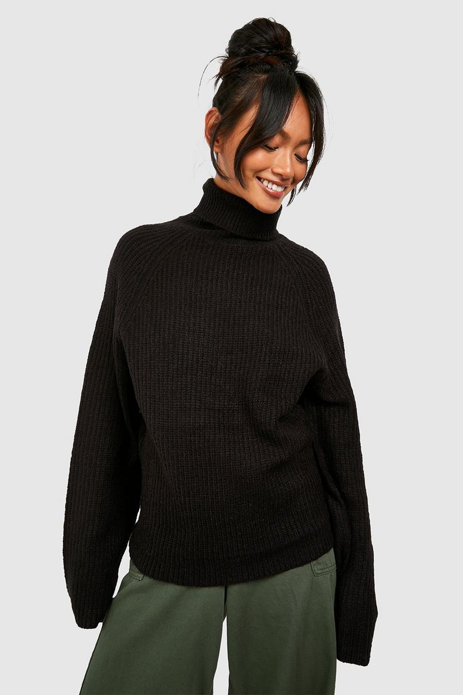 Maglione in maglia con collo alto e maniche raglan, Black image number 1