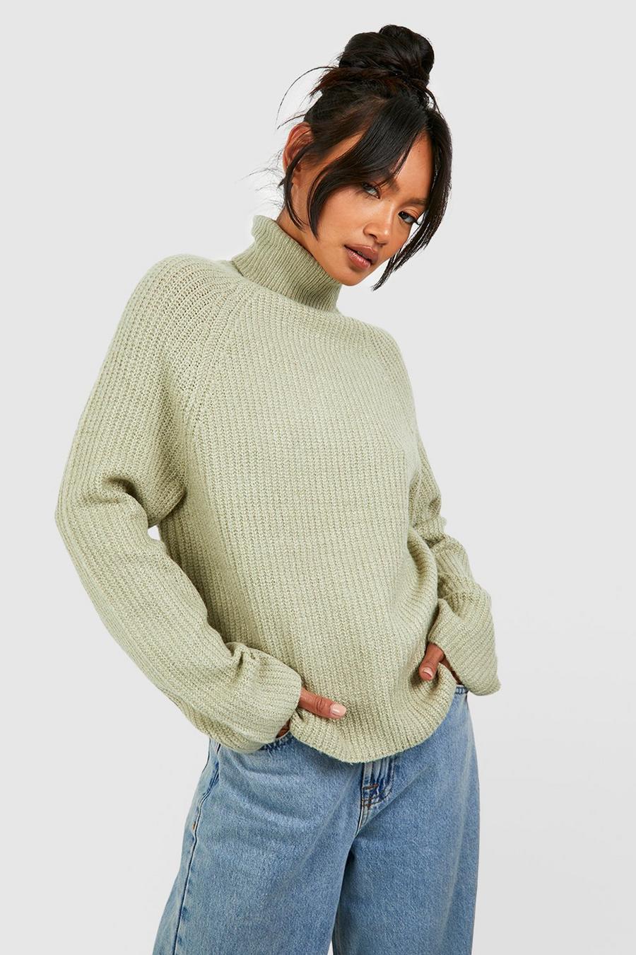 Washed khaki Knitted Turtleneck Sweater With Raglan Sleeve