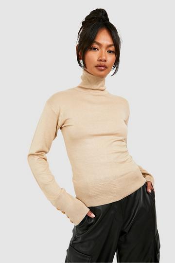 Stone Beige Fine Knit Turtleneck Sweater