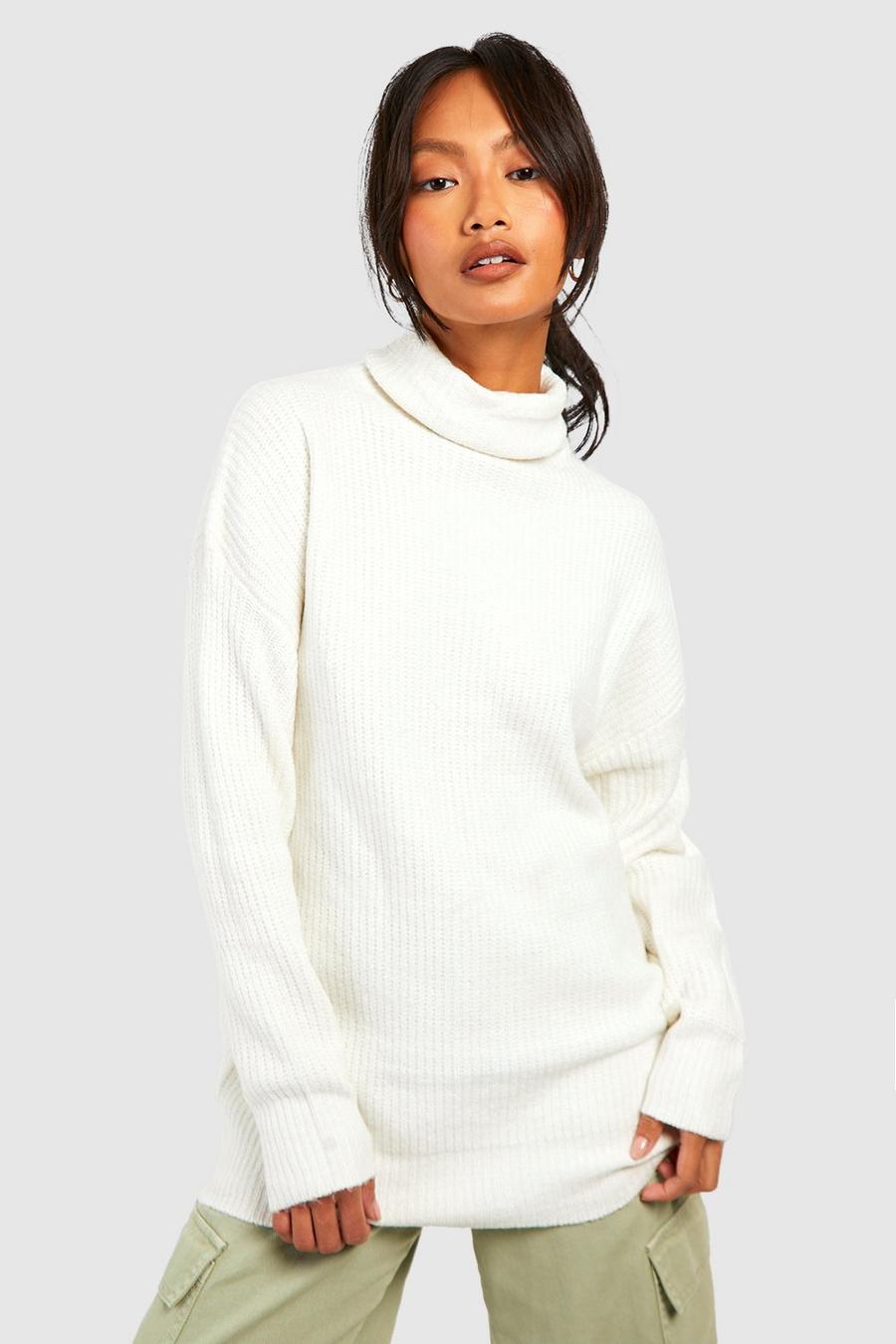 Cream Roll Neck Oversized Knitted Jumper image number 1