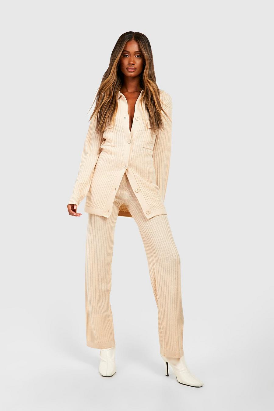Stone beige Knitted Shirt & Wide Leg Trouser Co-ord