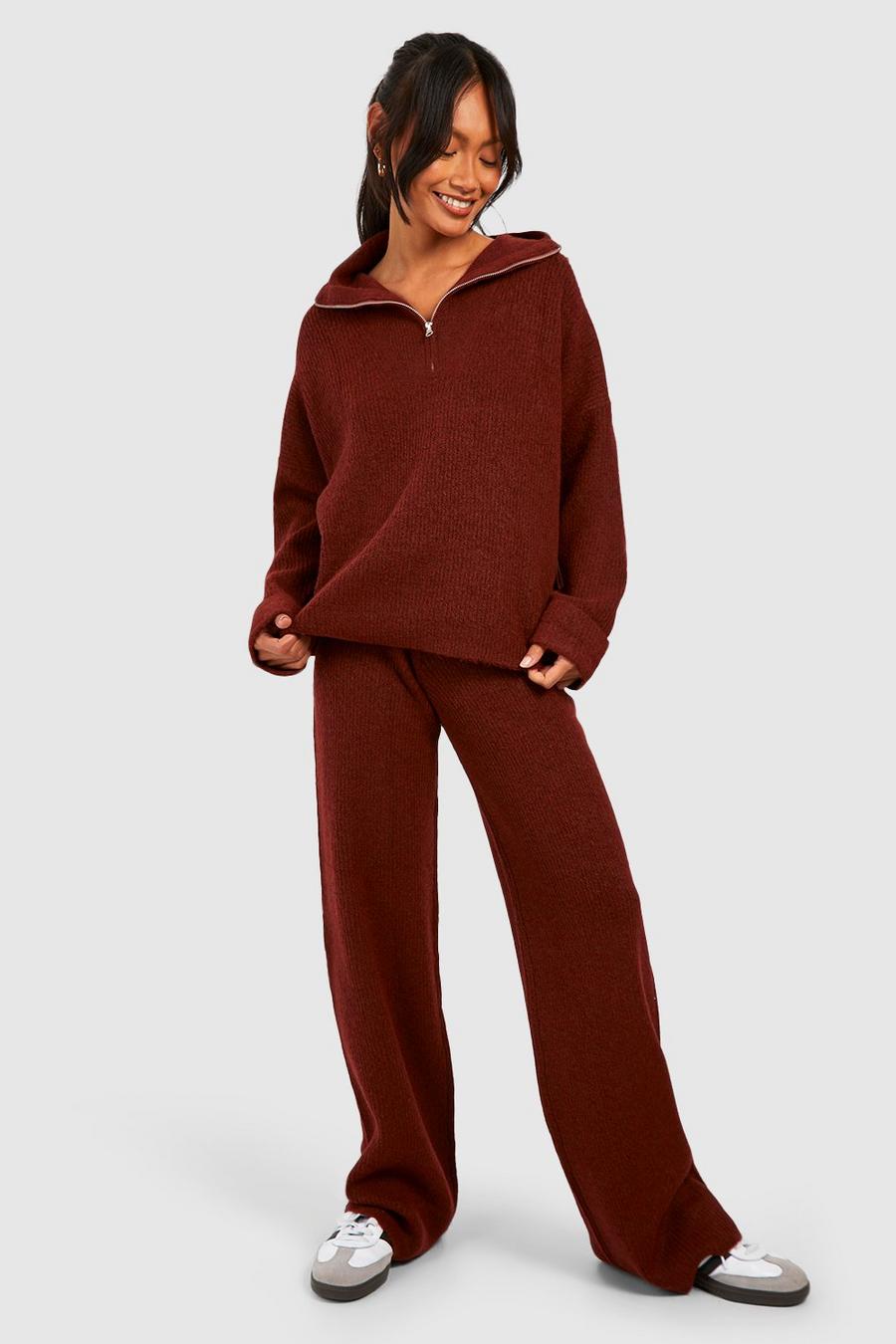 Brick Half Zip Funnel Neck And Wide Leg Pants Knitted Set