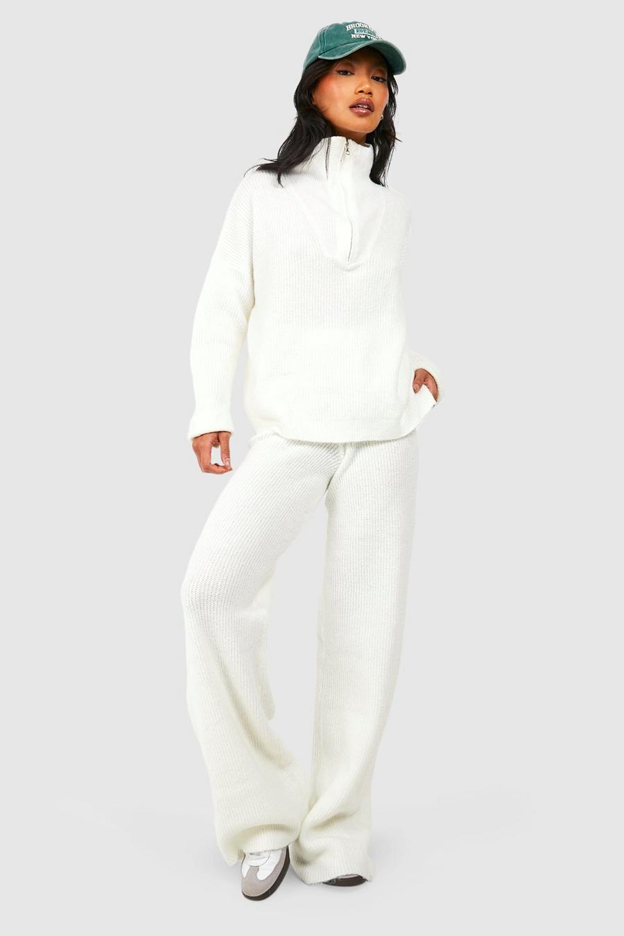 Cream Half Zip Funnel Neck And Wide Leg Pants Knitted Set image number 1