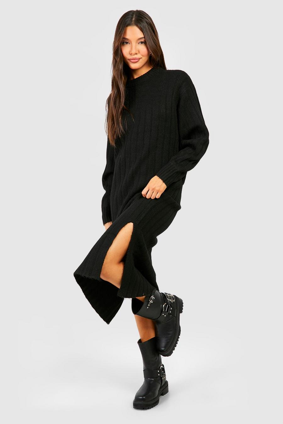 Black Chunky Rib Soft Knitted Midi Dress image number 1